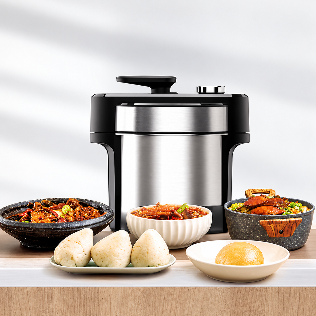 Electric African food maker displayed on a clean white background with its countertop mixing design.