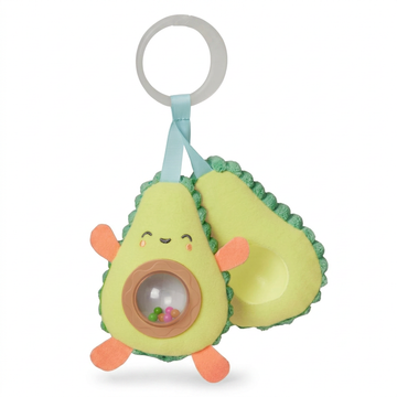 Avocado baby stroller toy, hanging sensory toy with rattle and teether.