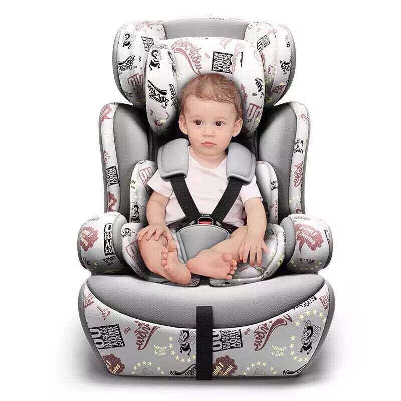 Front view of padded baby car seat with integrated harness