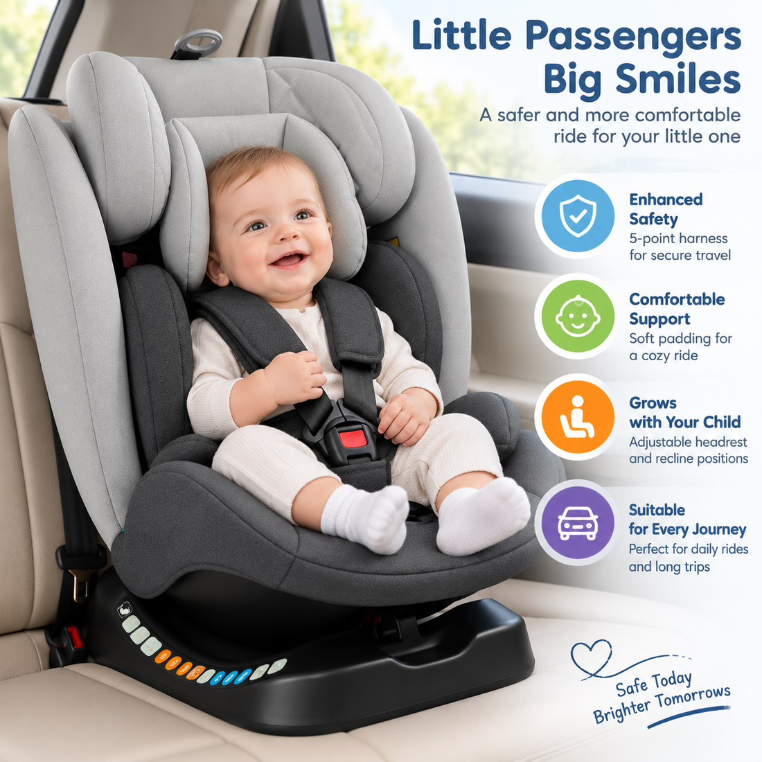 Baby car seat front view with integrated child harness