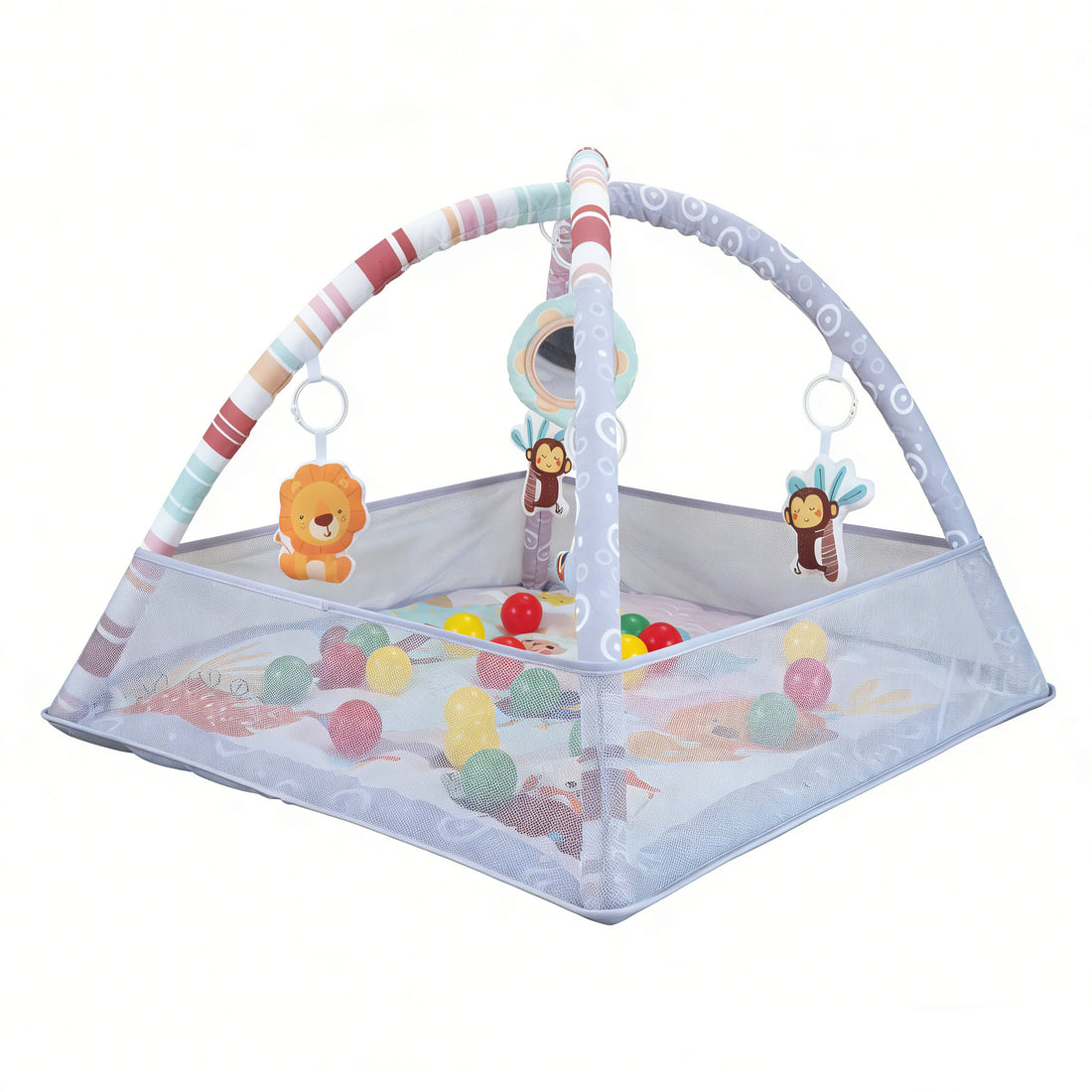 Baby play gym mat with mesh ball pit and hanging toys