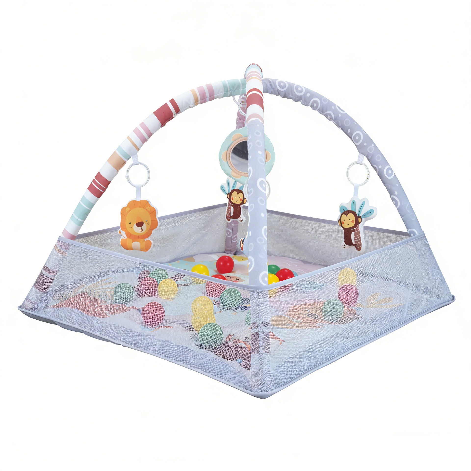 Baby play gym mat with mesh ball pit and hanging toys