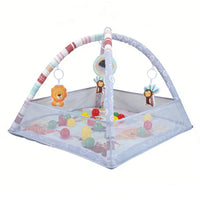 Baby play gym mat with mesh ball pit and hanging toys
