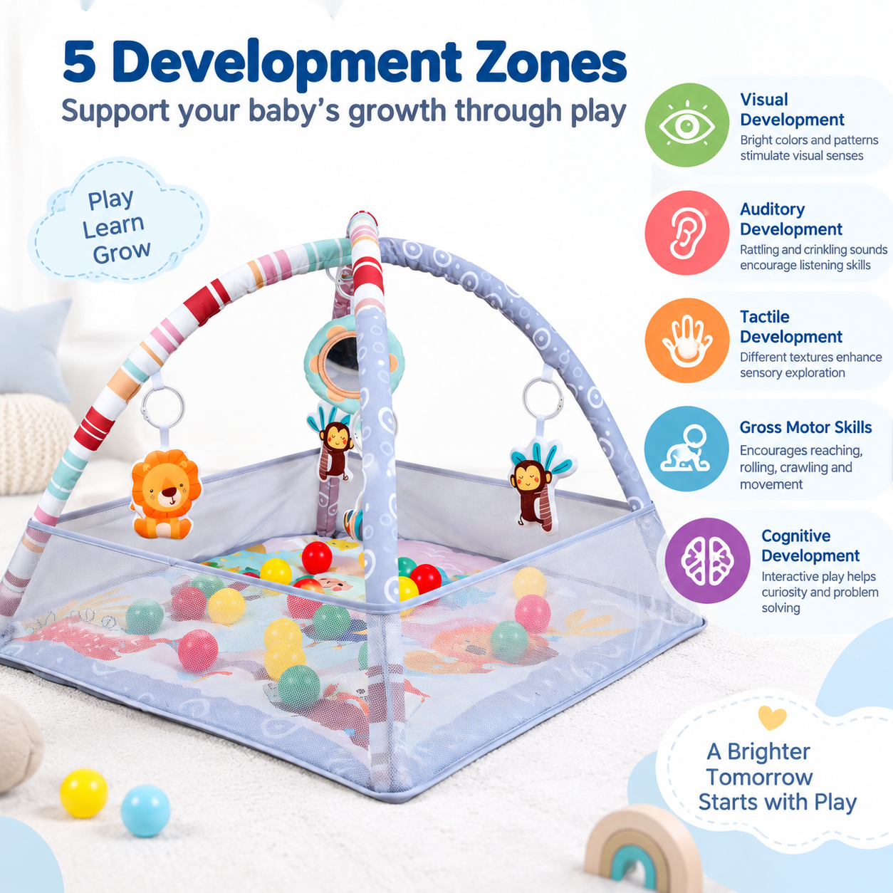 Baby play gym with hanging mirror and animal toys