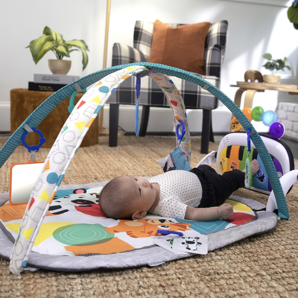 Baby tummy time activity mat with overhead play arches