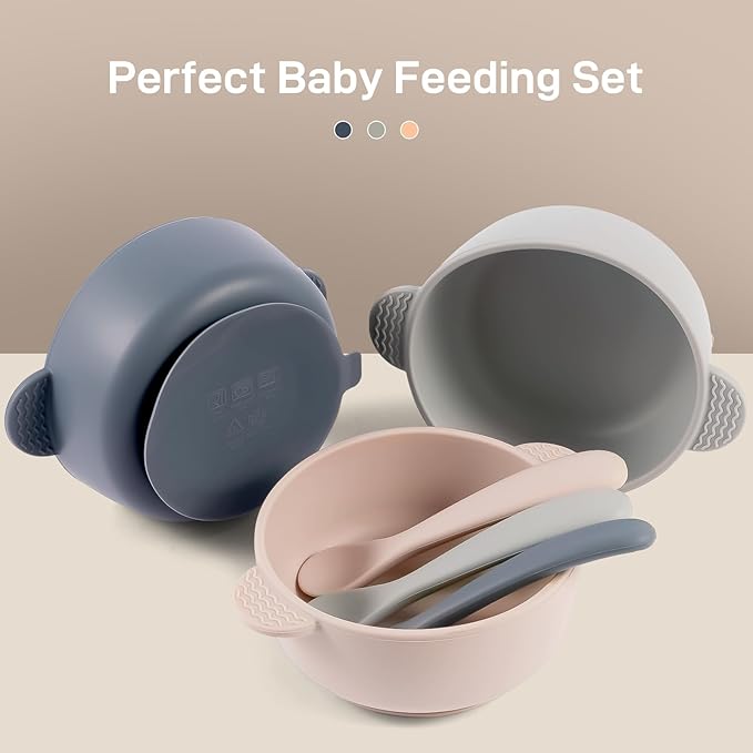 Baby bowls with suction base, prevents spills during feeding.