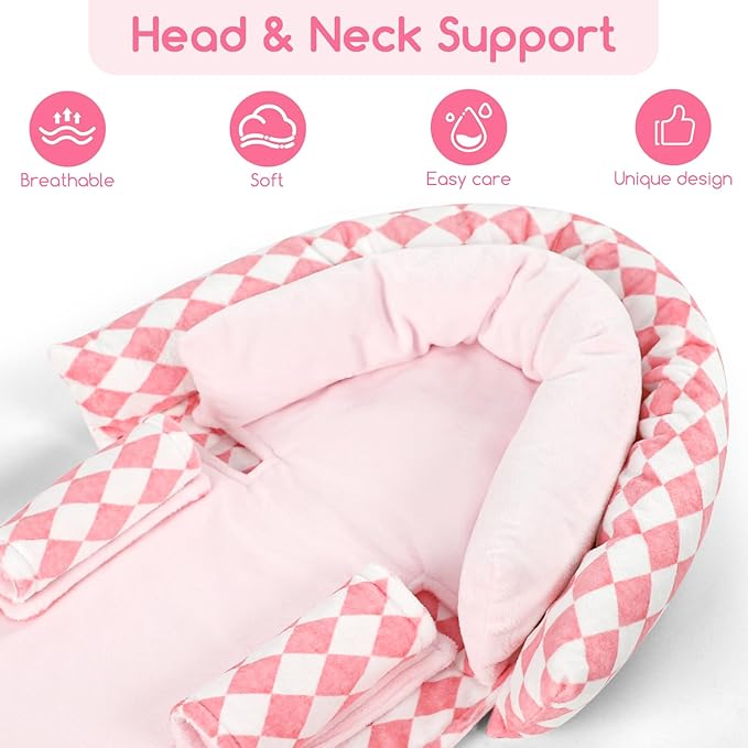 Baby Using Car Seat Head Support with Strap Pads in Car Seat for Comfort
