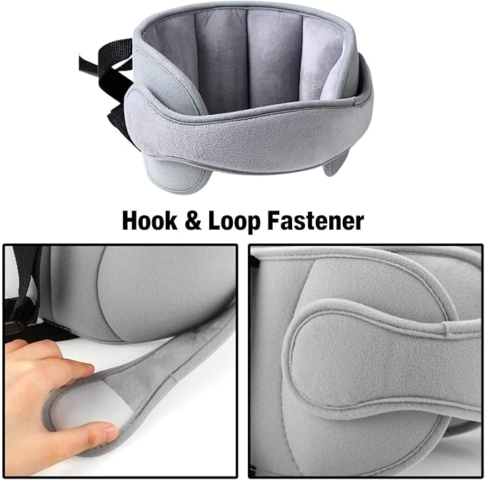Baby car seat head support strap, soft and adjustable for preventing head falling forward.