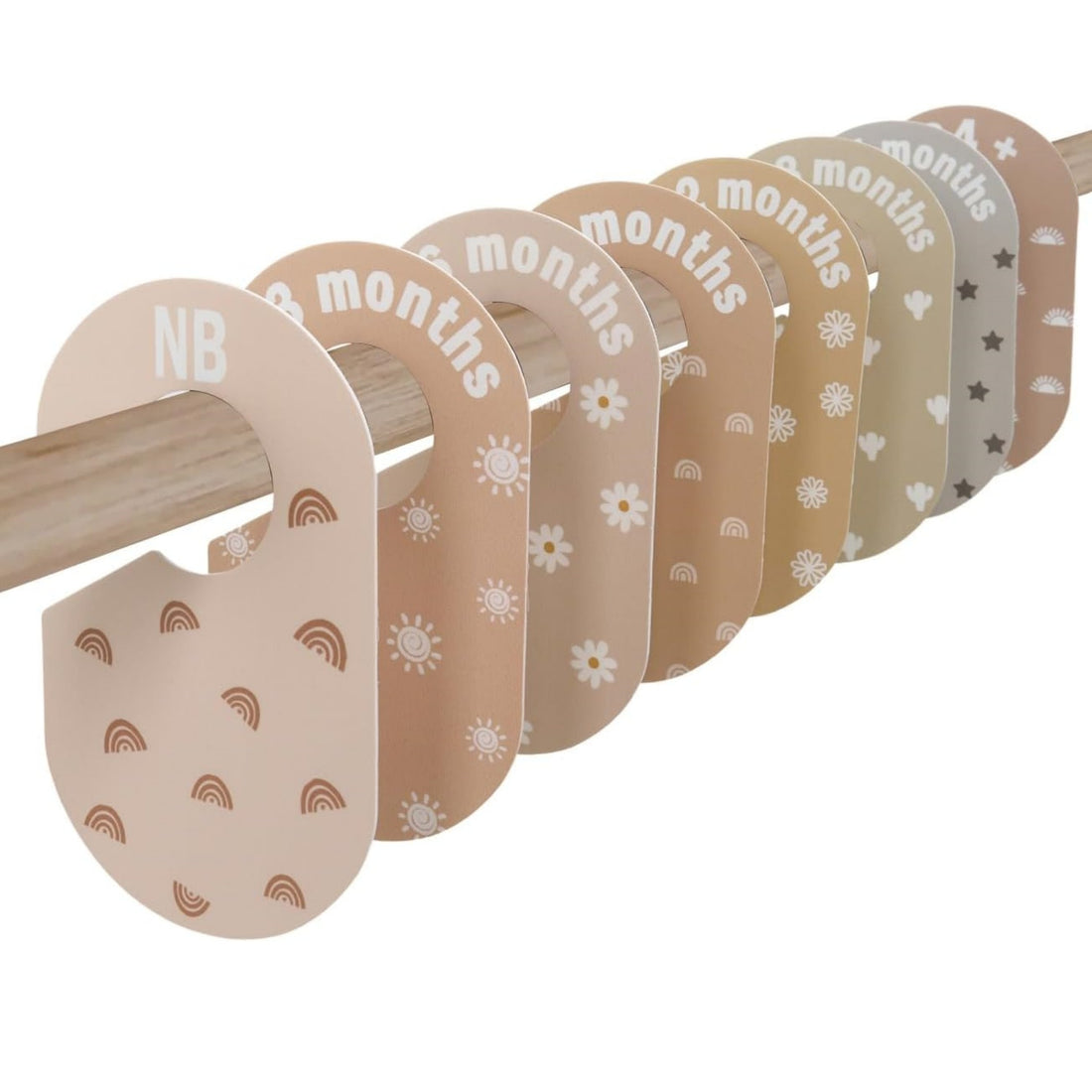 Baby closet divider organizer, double-sided minimalist design for sorting clothes by size.