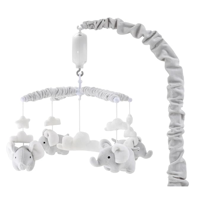 Baby crib mobile with music, grey elephant design with soft hanging toys.