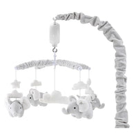 Baby crib mobile with music, grey elephant design with soft hanging toys.