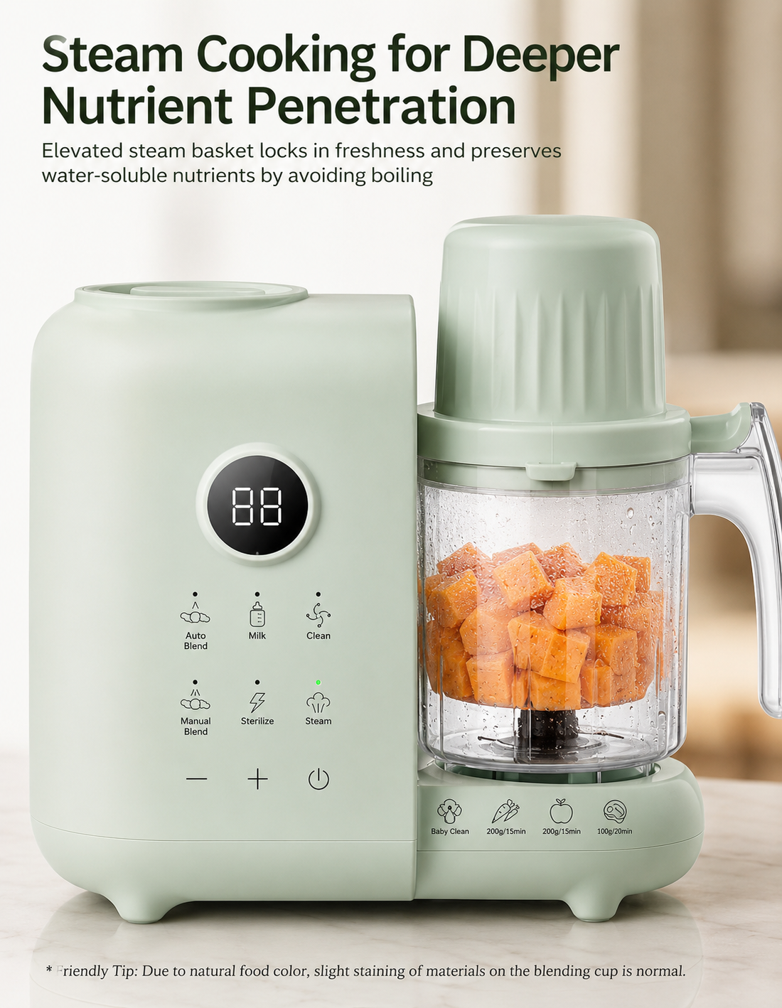 Baby food processor steamer and blender preparing purees for infants