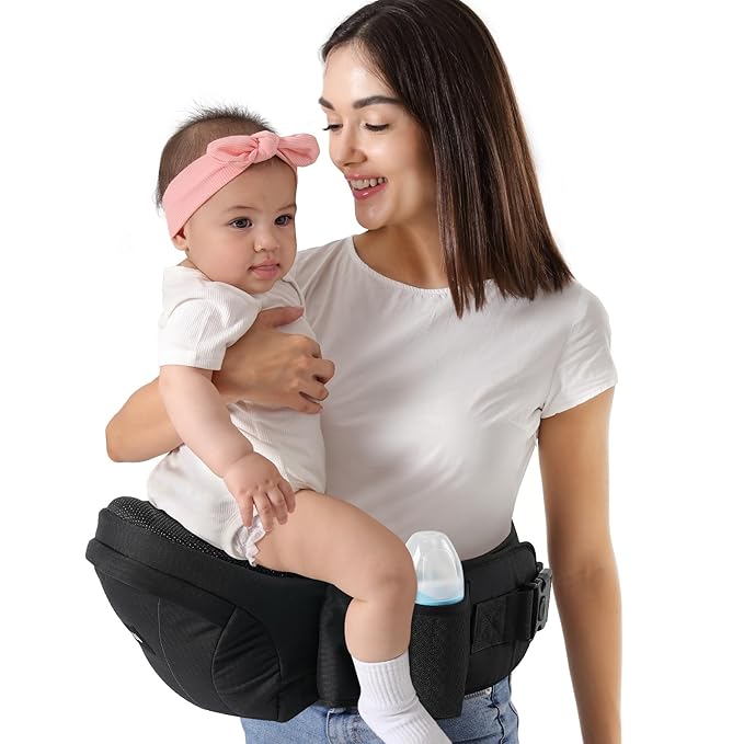 Baby hip carrier with adjustable waistband, ergonomic design for newborns and toddlers.
