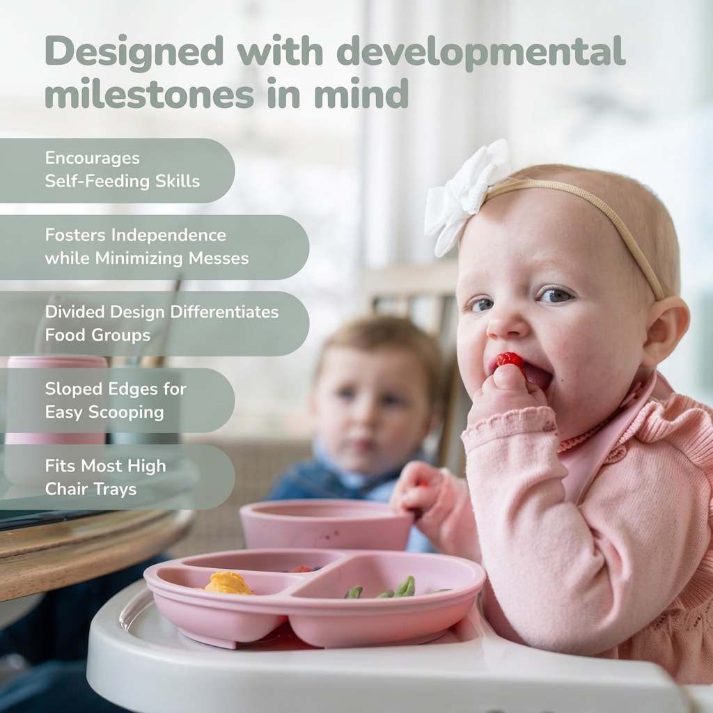 Baby led weaning silicone plate, encourages self-feeding.