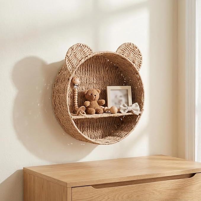 Wall mounted nursery bookshelf for baby room, ideal for books and toys storage.