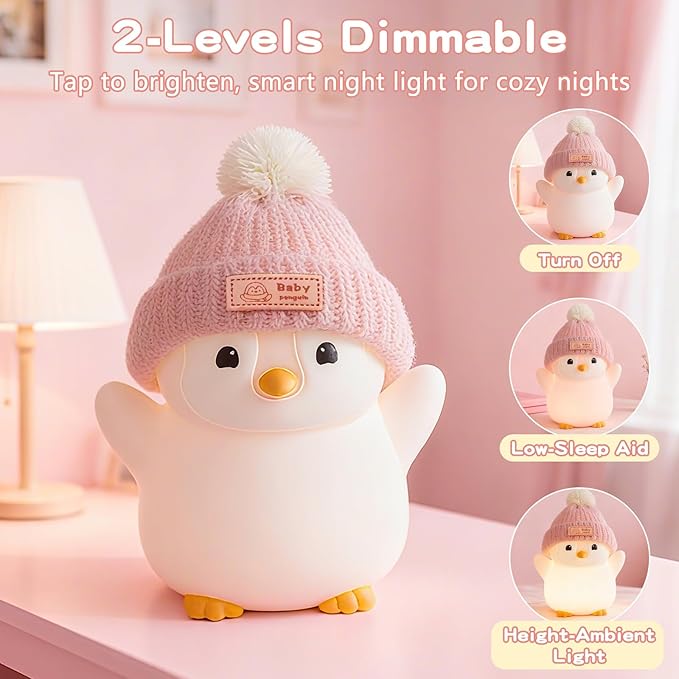 Soft silicone baby night light penguin design for nursery and kids room.