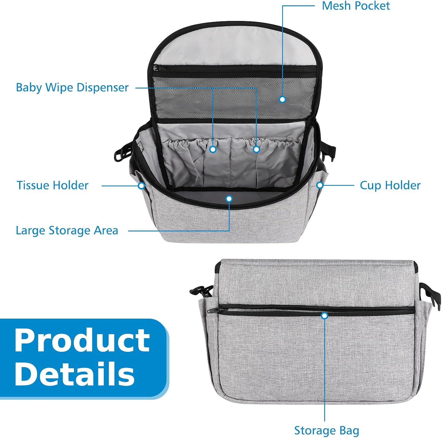Large baby stroller organizer bag, fits most strollers, with convenient shoulder strap.