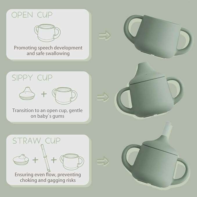 Baby training cup set with spout, straw, and open cup stages.