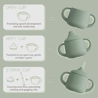 Baby training cup set with spout, straw, and open cup stages.