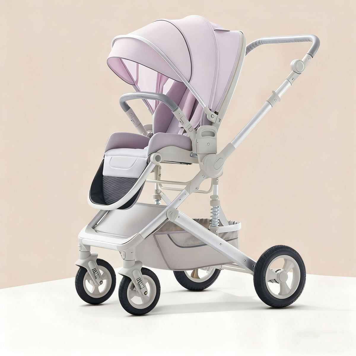 Green baby travel pram style stroller with storage basket, cushioned seat and suspension design