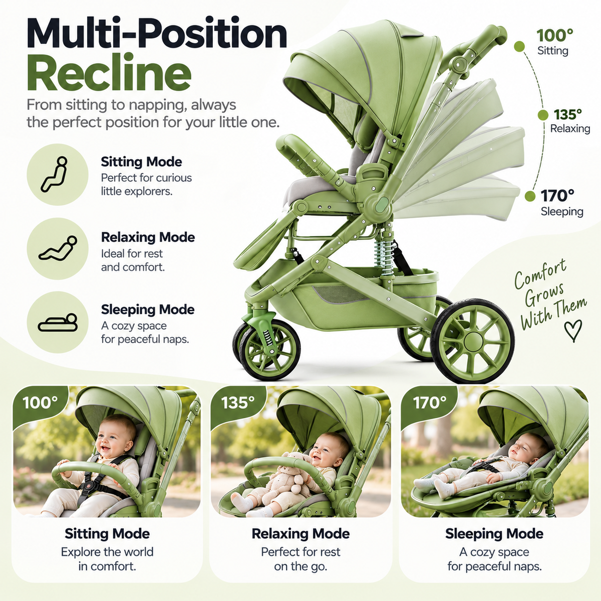 Baby stroller with visible wheel suspension and four-wheel configuration for everyday outings