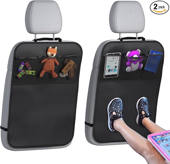 Back seat cover for kids with 3-pocket storage organizer, protecting car seats from dirt and spills.