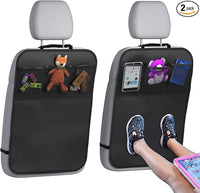 Back seat cover for kids with 3-pocket storage organizer, protecting car seats from dirt and spills.