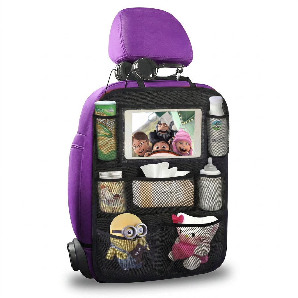 Backseat car organizer with tablet holder, perfect for kids and toddlers during travel.