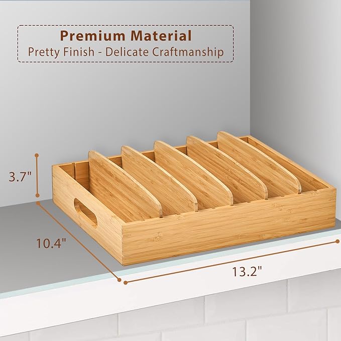 Bamboo pantry organizer for lids and kitchen accessories
