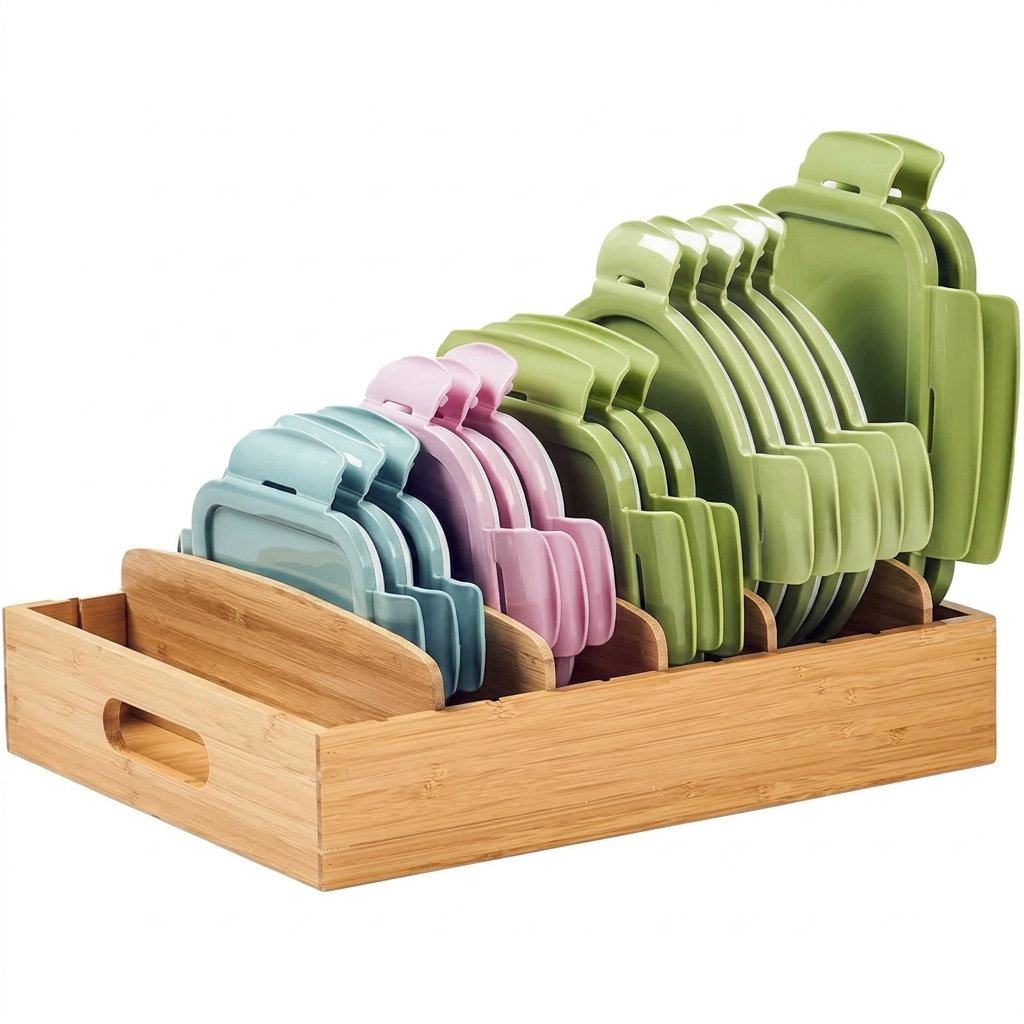 Bamboo cabinet organizer storing plastic container lids neatly