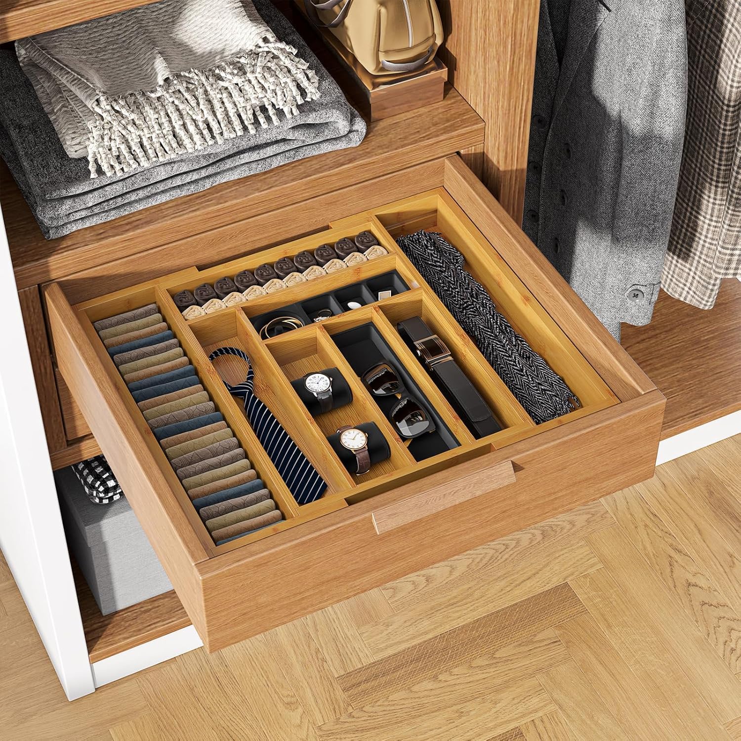 Bamboo drawer organizer for household items and accessories