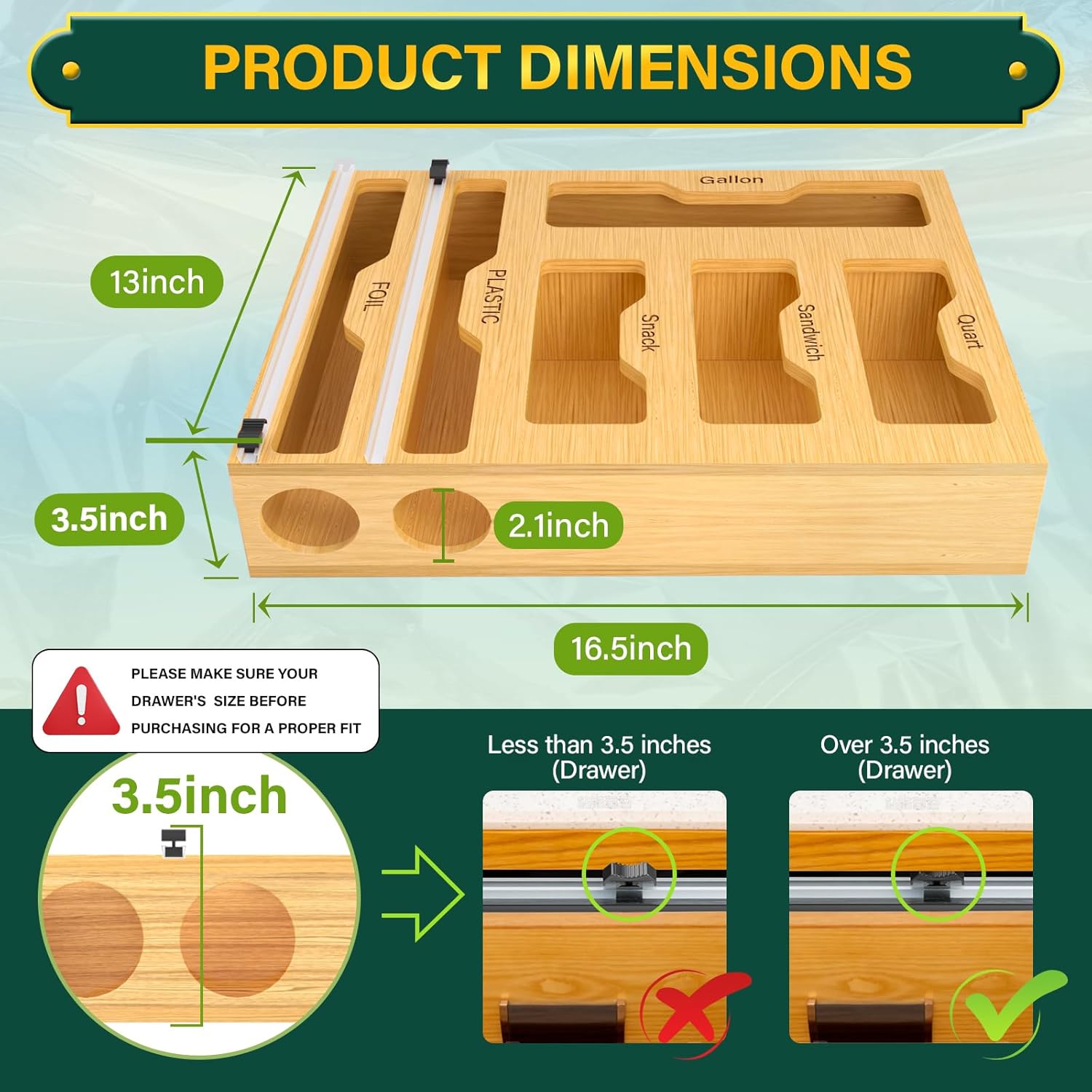 Bamboo pantry organizer for keeping food wraps and storage bags neatly arranged.