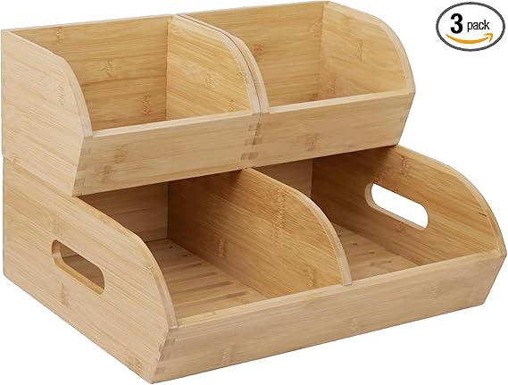 Stackable bamboo bins storing potatoes and onions in pantry