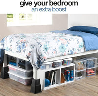 Bed risers for home use with black finish and wide base support design.