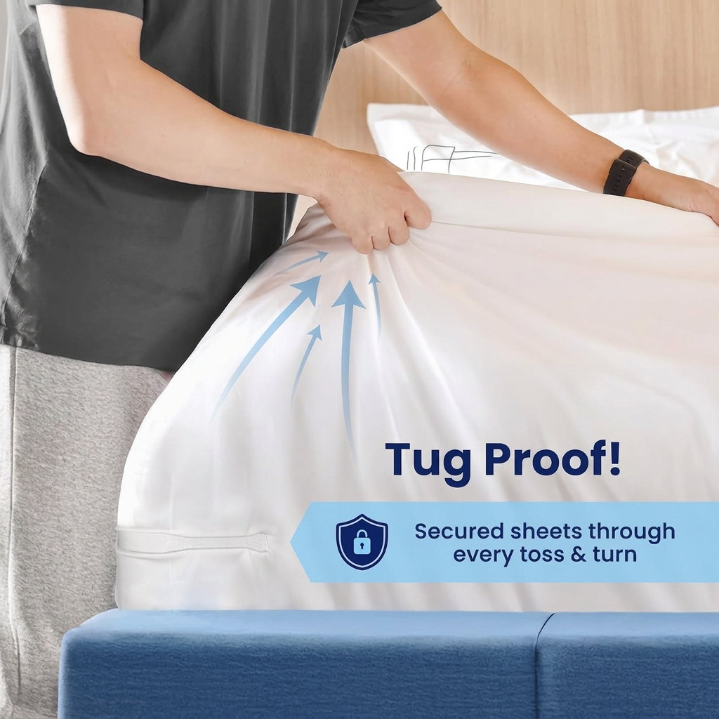 Person securing sheets on a bed with text 'Tug Proof!' and 'Secured sheets through every toss & turn'.