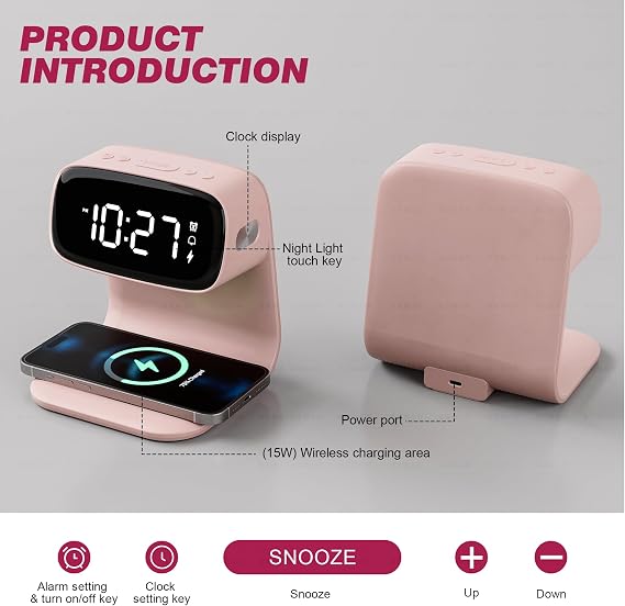 Smart Digital Bedside Clock with Wireless Phone Charging