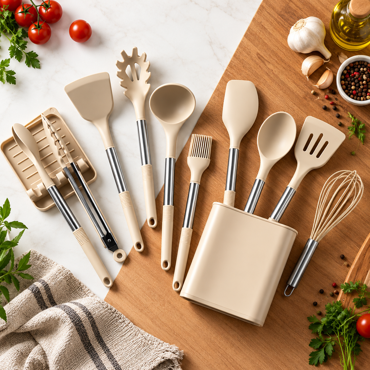 13-Piece Silicone Kitchen Utensil Set – Stainless Steel Handle Cooking Tools