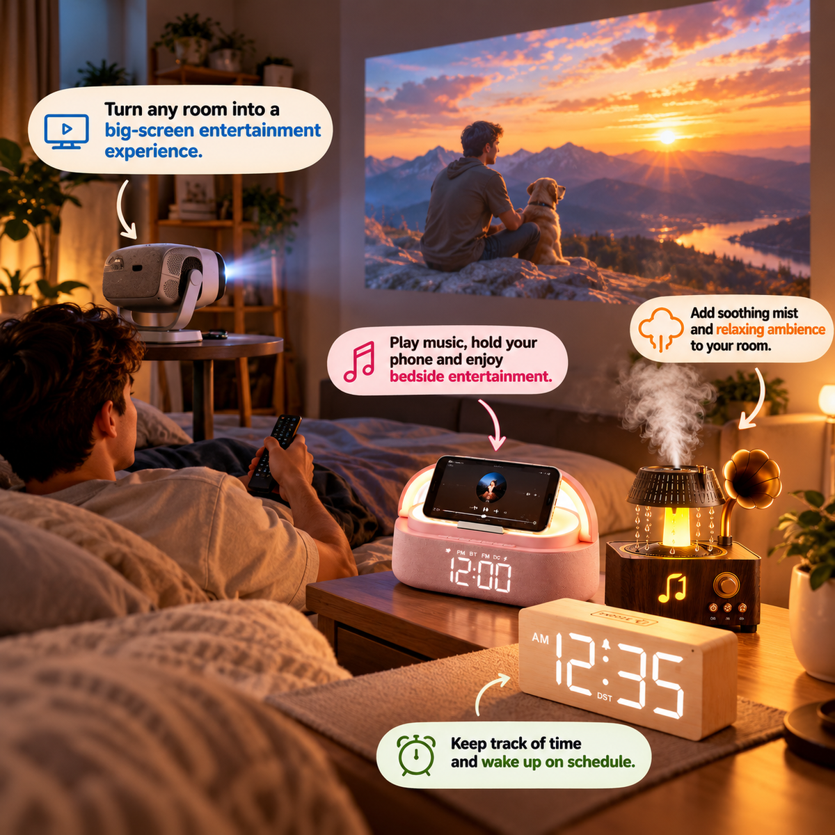 Compact home projector displaying movies on a large bedroom wall