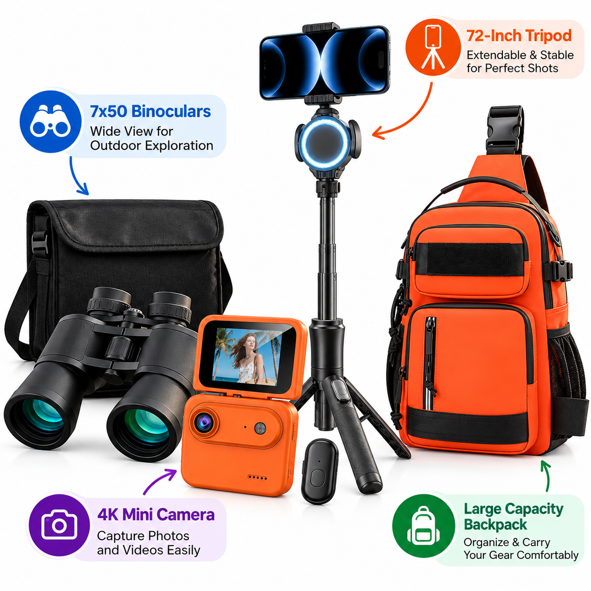 7x50 binoculars and 4K camera bundle with extendable tripod