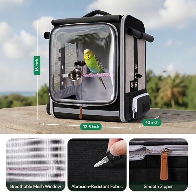 Bird carrier backpack for cockatiels, parrots, and small birds