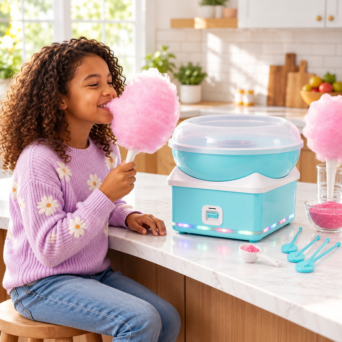 Blue candy floss machine arranged on a colourful birthday party dessert table.