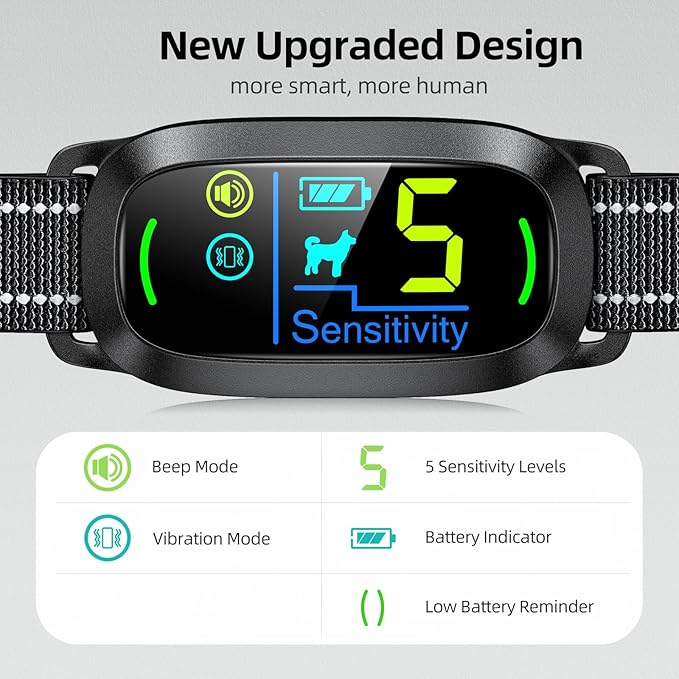 Black anti-barking collar with USB charging cable for convenient recharging.
