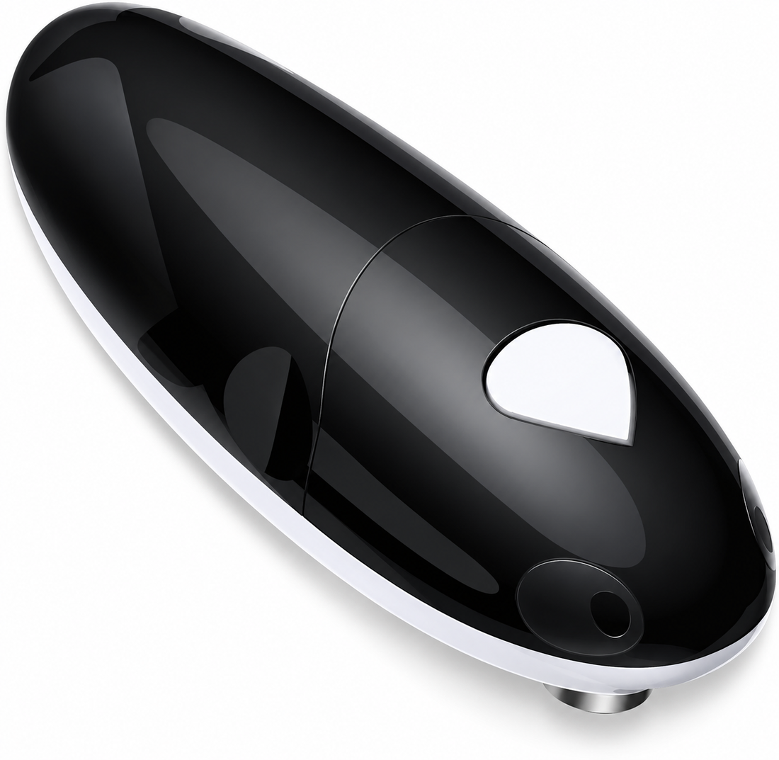 Black automatic electric can opener displayed on a clean white background for kitchen use.