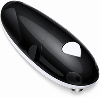 Black automatic electric can opener displayed on a clean white background for kitchen use.
