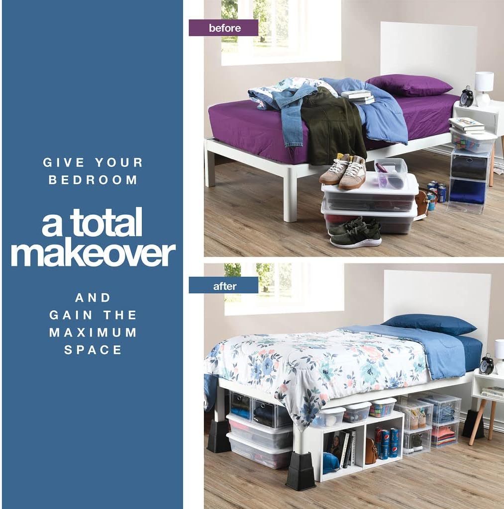 Black bed lift blocks for creating extra under-bed storage space in bedrooms and dorm rooms.