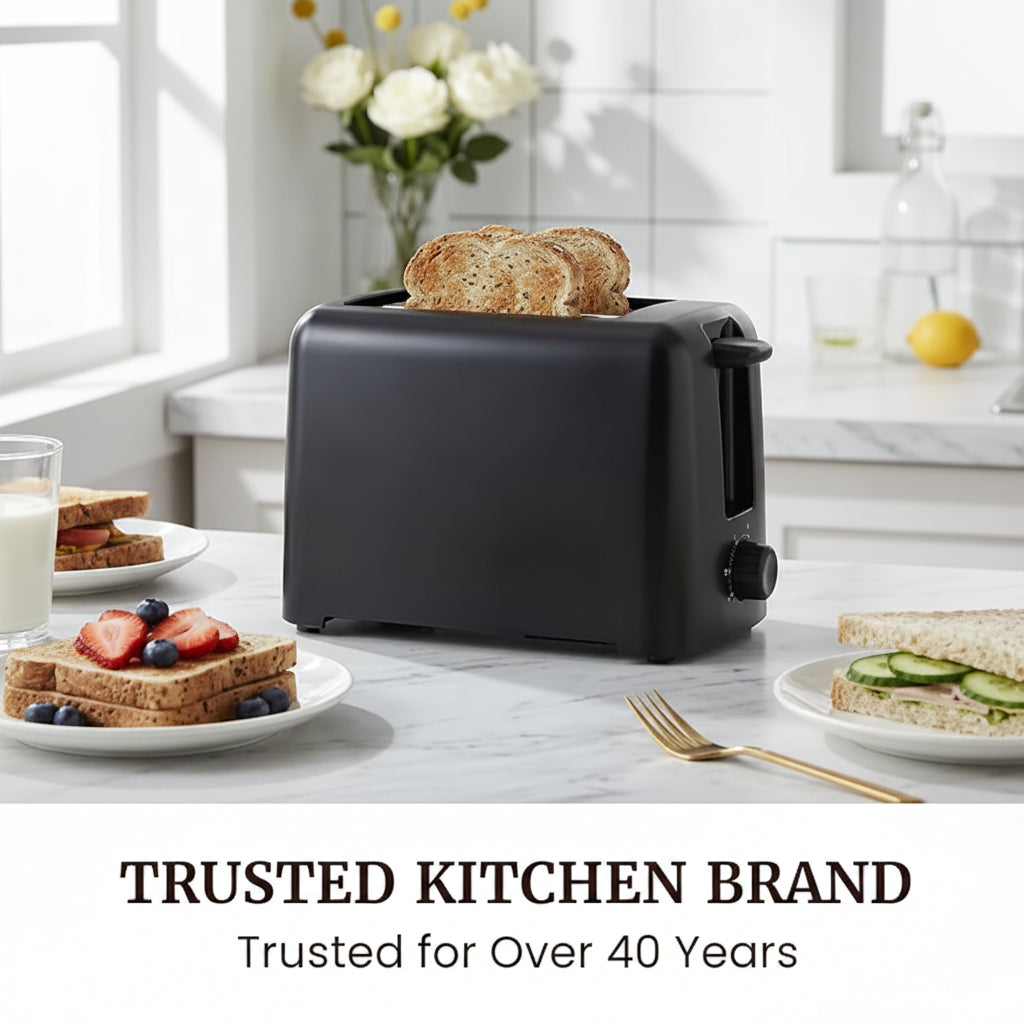 black kitchen toaster with 6 browning levels for light to dark toast
