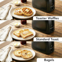 black toaster with removable crumb tray for simple crumb cleaning