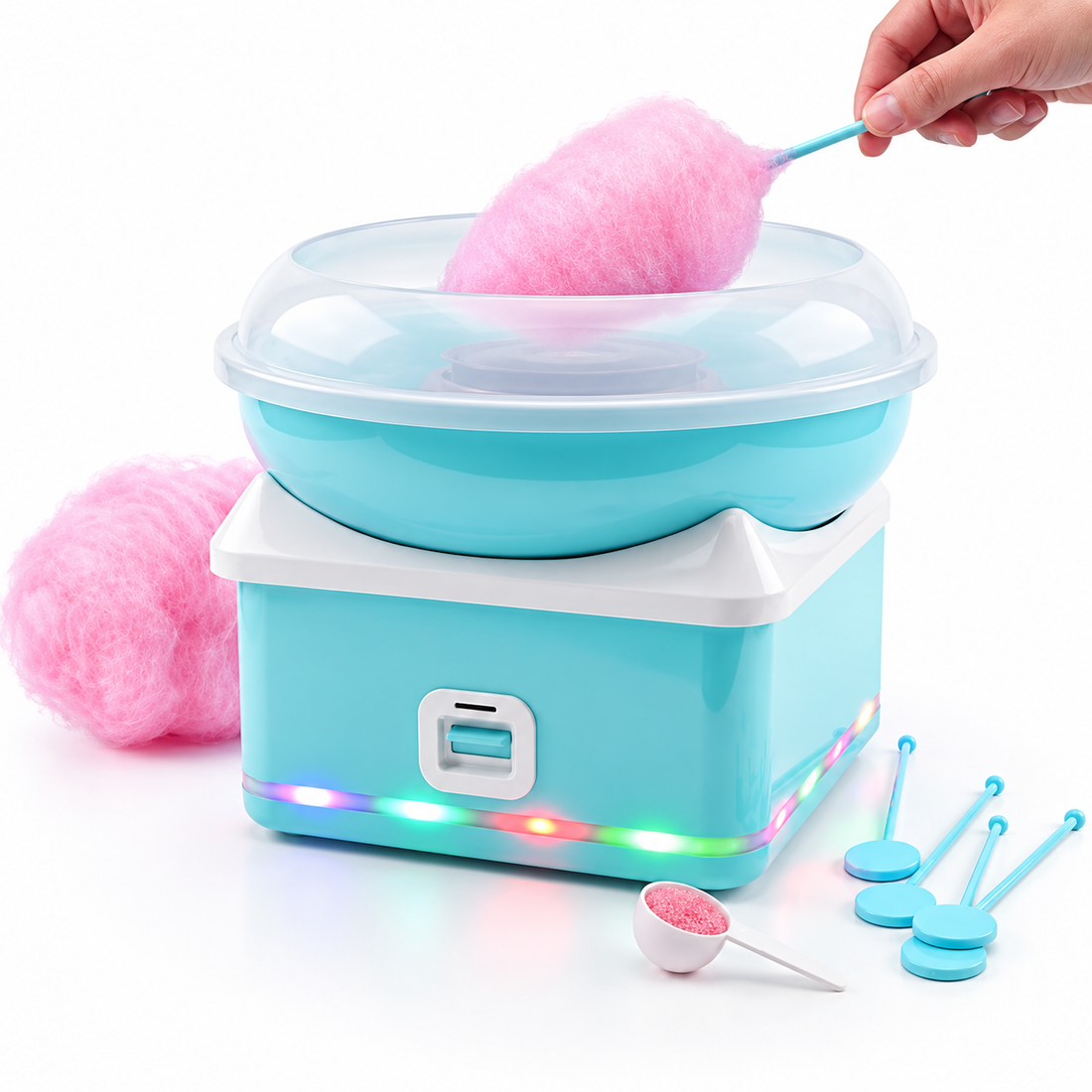 Blue electric cotton candy machine featuring LED lights and a lidded bowl on a clean white background.