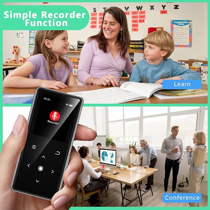 Bluetooth 5.2 MP3 Player with Voice Recorder, offering high-quality audio and recording capabilities