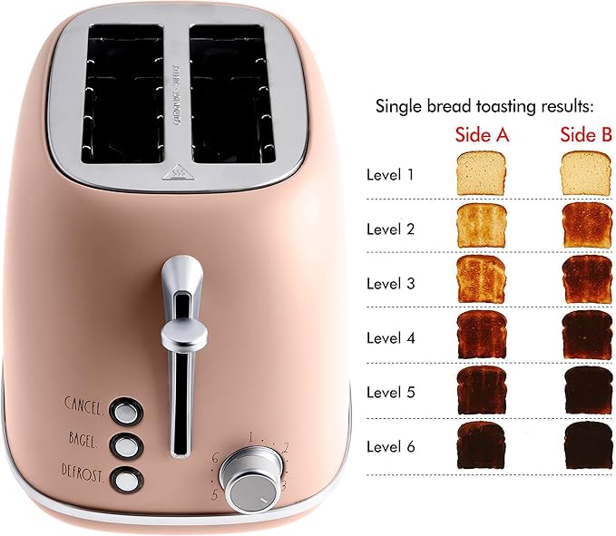 Blush wide slot 2 slice toaster with rounded stainless steel body and simple control dial